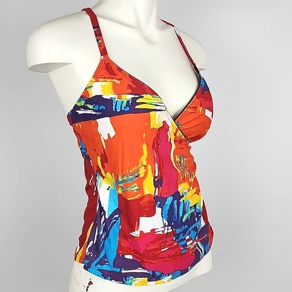 Simon Chang Tankini Top  Raceback Multi Colour Red Blue Padded Cups Size 10 - Picture 2 of 12